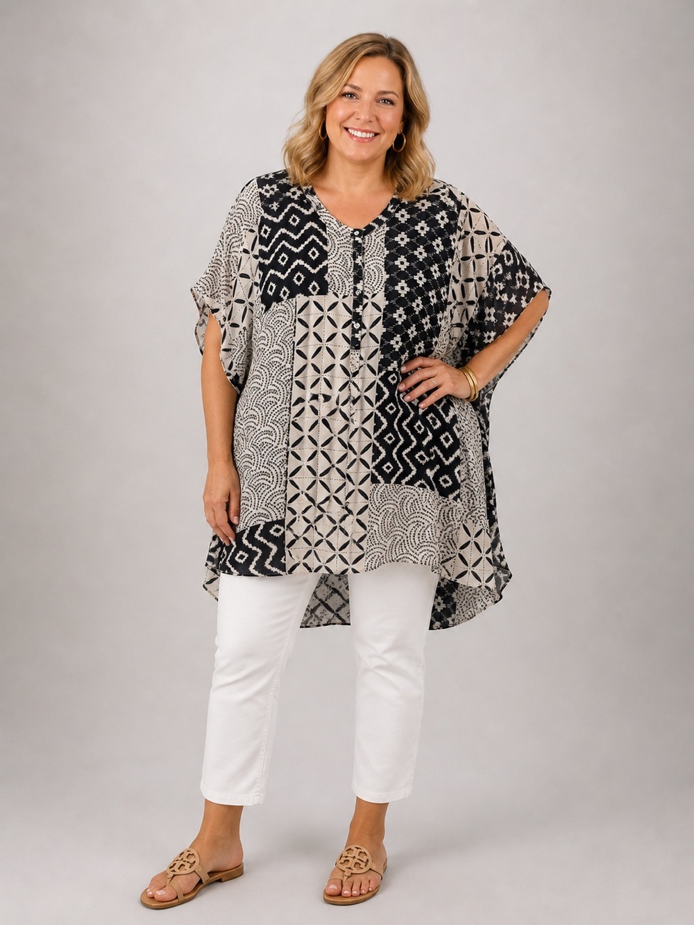 Johnny Was Black & Cream Patchwork Short Sleeve Tunic Top